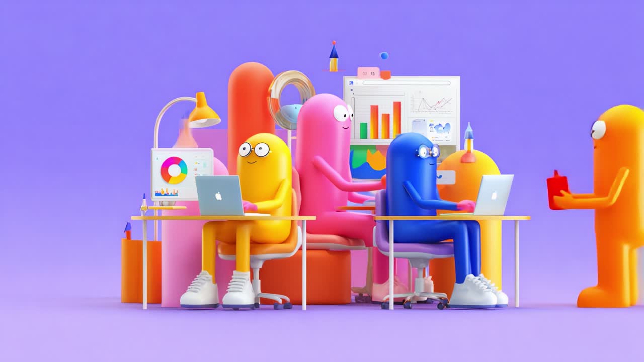 Colorful Animated Characters Engaged in Digital Work: A Collaborative Environment of Creativity and Productivity, Showcasing Technology and Teamwork in a Vibrant Office Setting