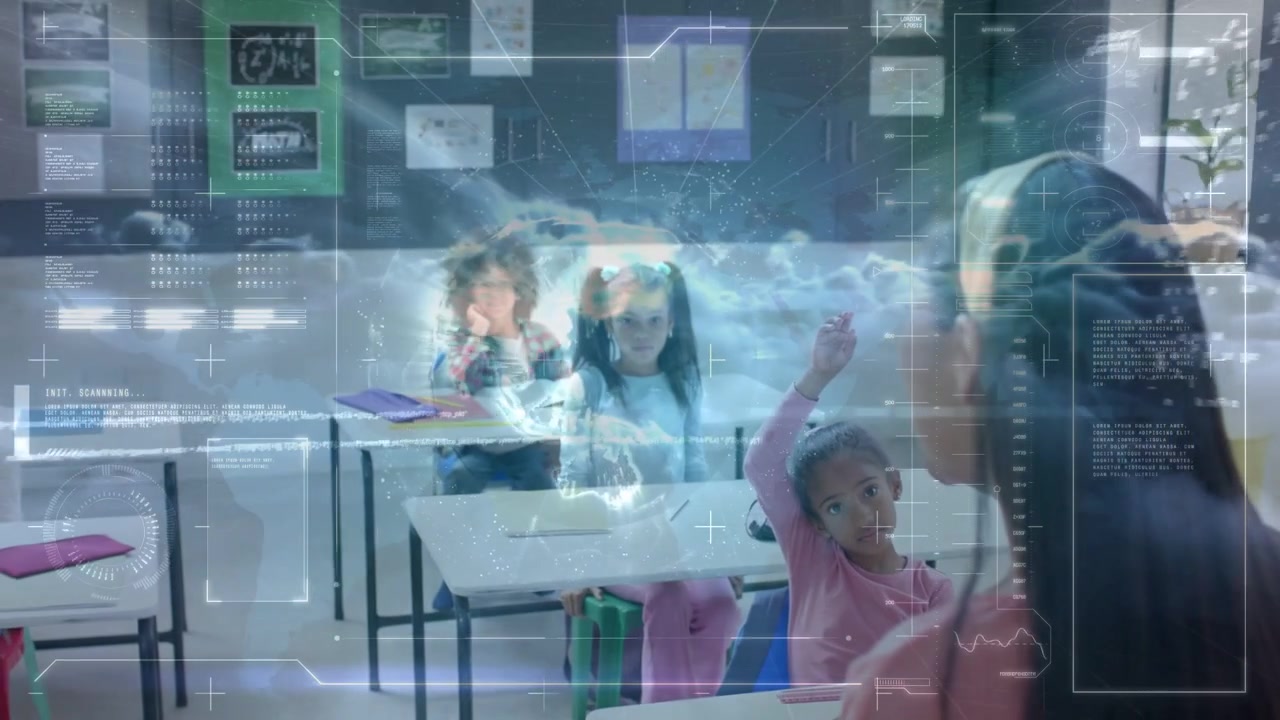 Teacher turning toward student raising hand, HUD map and data expanding over desks aiding education