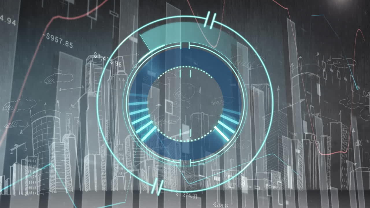 Animation of scope scanning and statistics data processing over cityscape