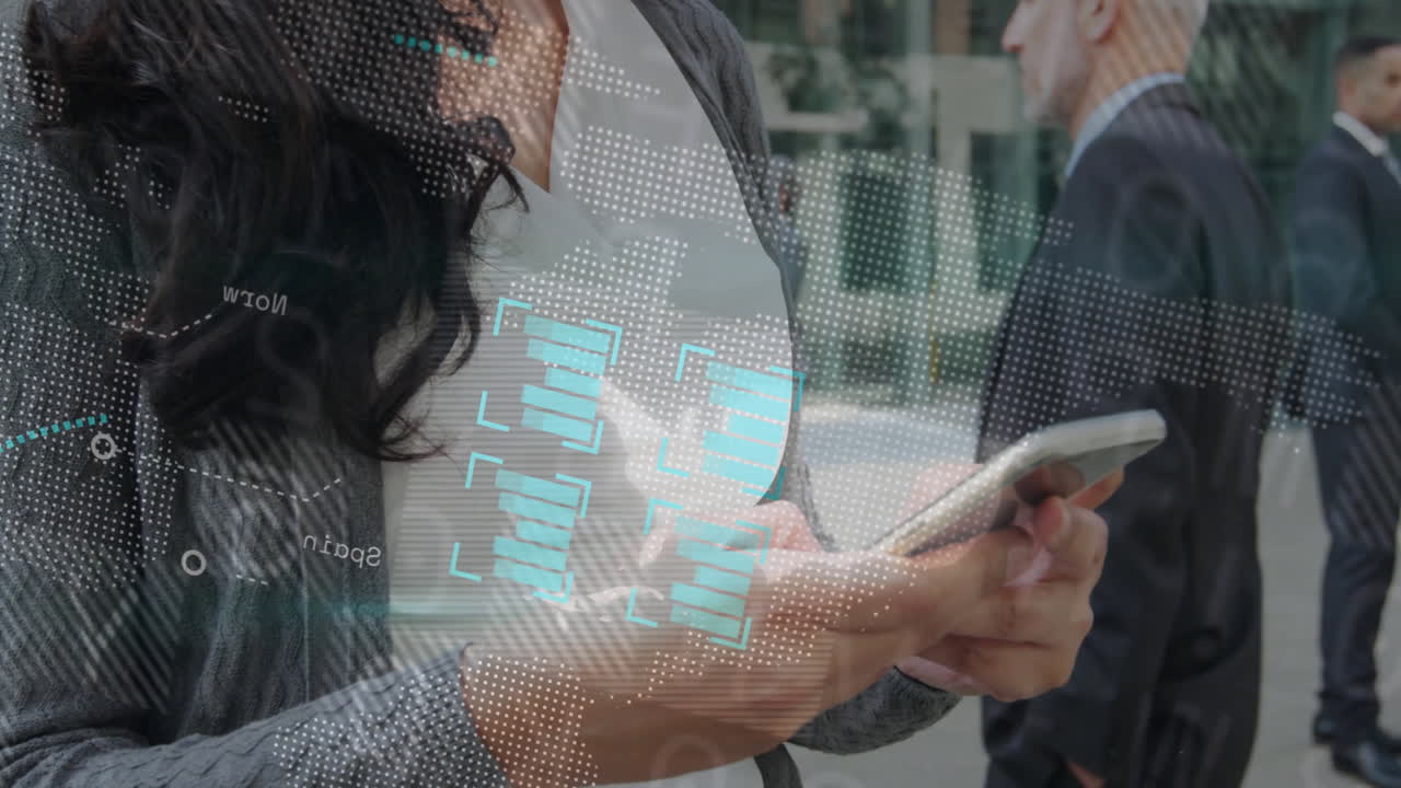 Using smartphone, businesswoman viewing digital data processing overlay in office