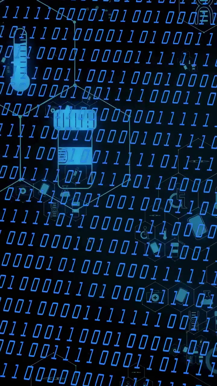 Vertical video: On diagonal scroll, binary grid revealing devices and linking nodes, showing flow
