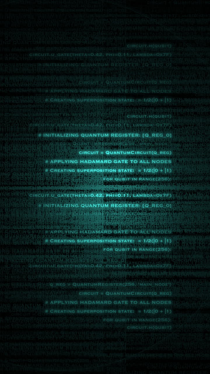 A scrolling digital background featuring complex quantum circuit code and Hadamard gate applications. Subtle glitching and a teal digital glow make this ideal for cybersecurity and future tech vertica