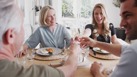 family with senior parents and adult offspring make a toast before eating meal around table at home