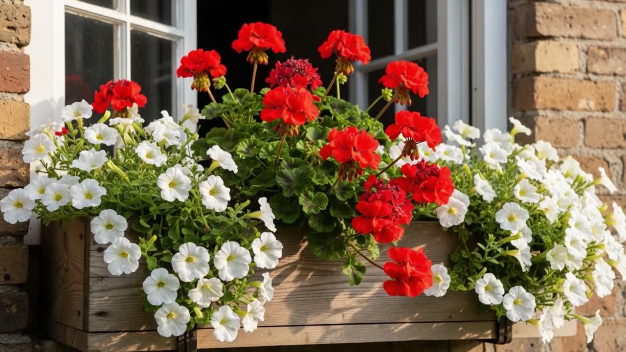 A Vibrant Display of Red and White Flowers Cascading from a Wooden Window Box, Illuminated by the Gentle Glow of Natural Sunlight, Enhancing the Beauty of the Exterior