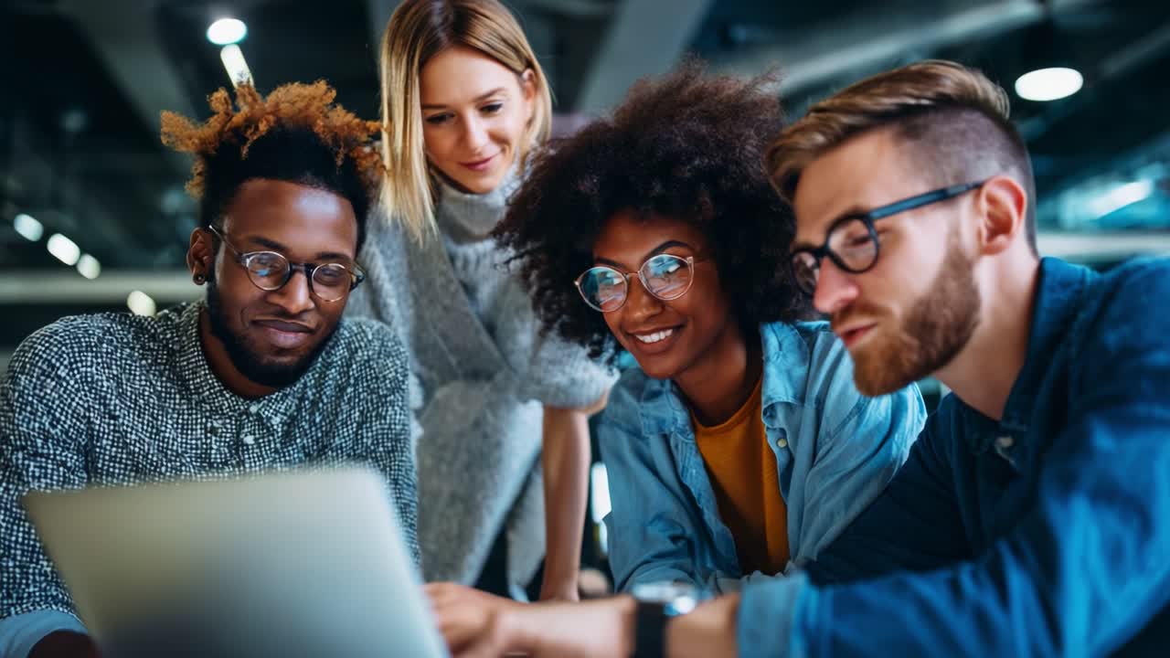A group of four young adults engaged in collaborative work around a laptop, showcasing teamwork, creativity, and the joy of collaboration in a modern workspace environment