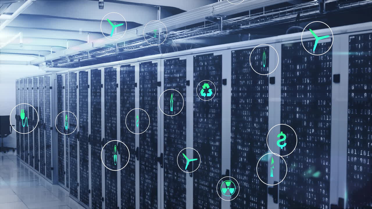 Animation of eco icons and digital data processing over computer servers