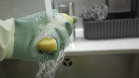 washing a dish sponge in the sink