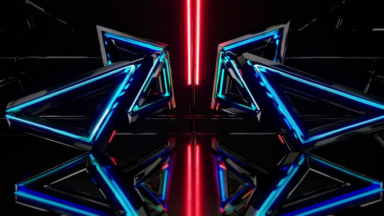 Futuristic neon lights creating triangular geometric shapes illuminate a dark background, resulting in a vibrant and dynamic composition filled with energy and electric colors