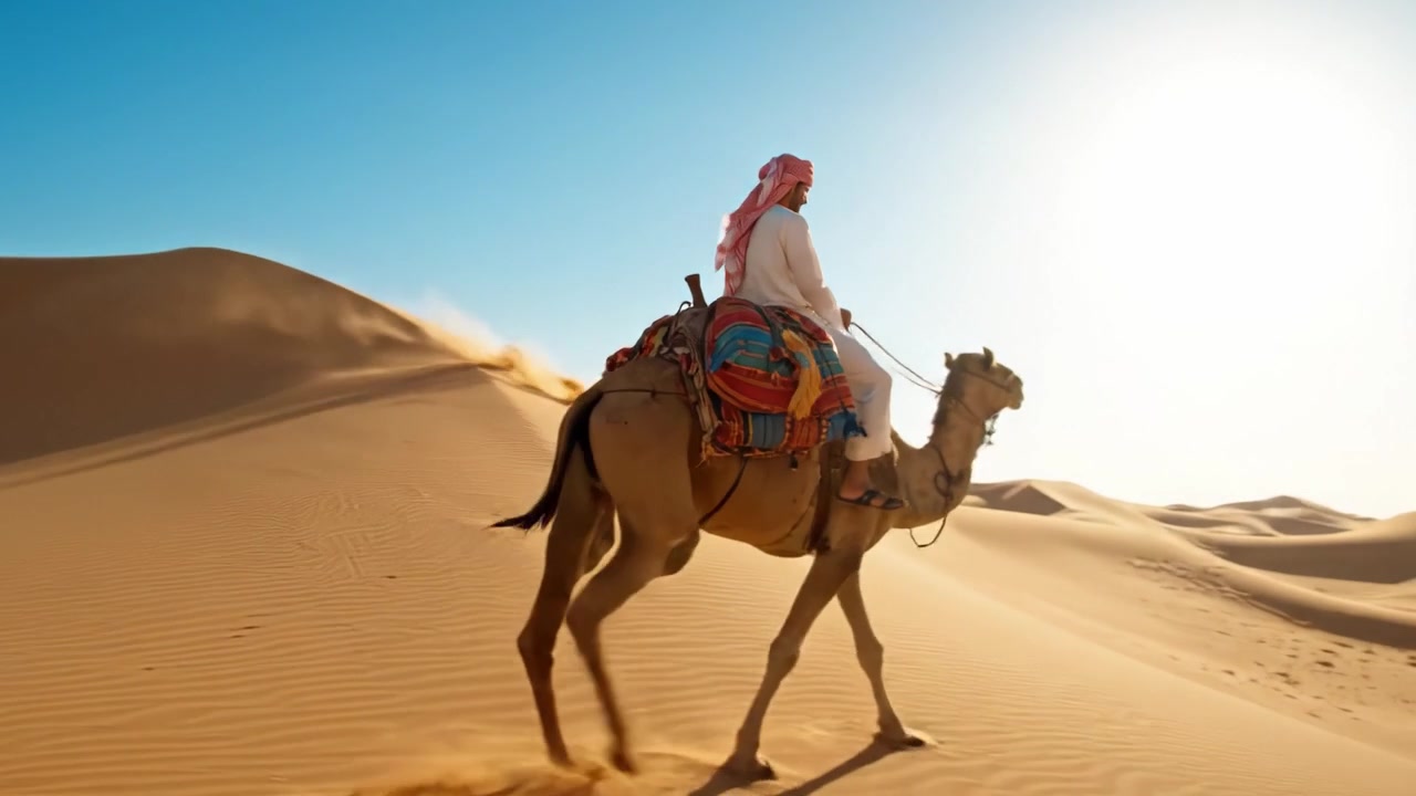 Un Viaggio Attraverso il Deserto: Un Cavaliere di Cammelli Naviga le Sabbie Dorate Sotto un Cielo Azzurro Brillante in un Paesaggio Mozzafiato di Dune e Serenità