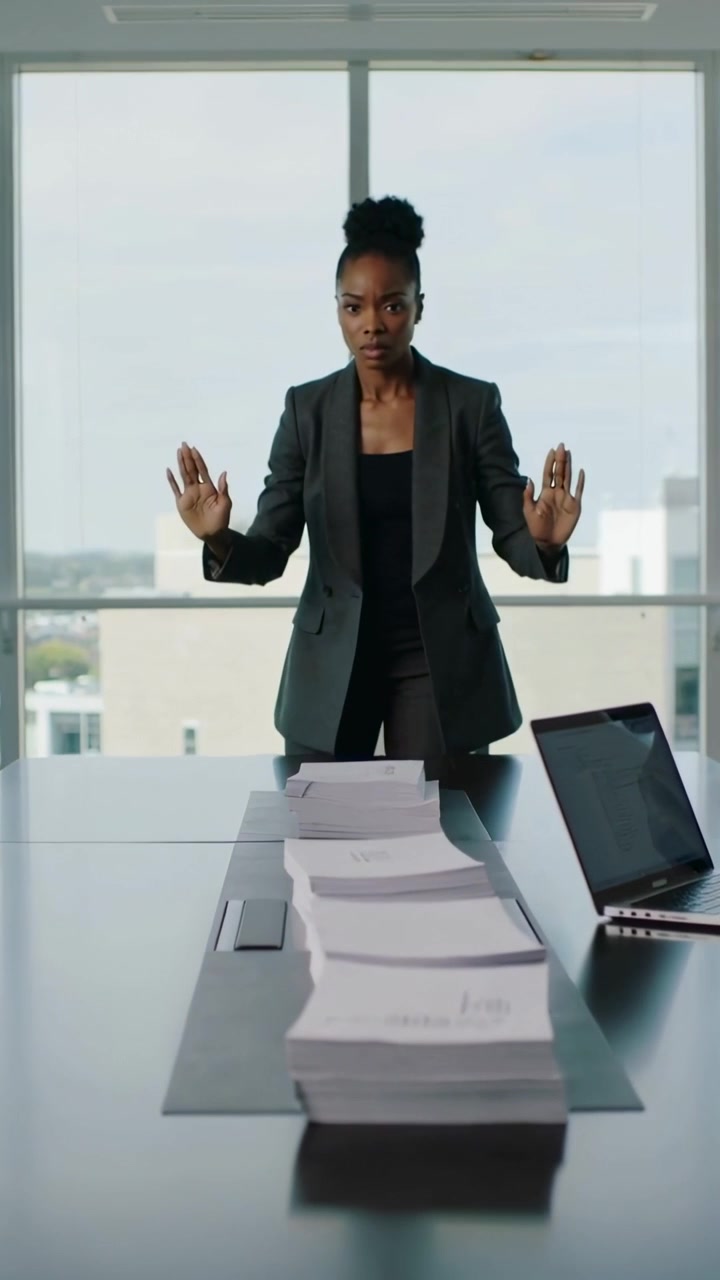 Vídeo vertical: Mulher de blazer levantando-se do assento, levantando as palmas das mãos em uma mesa de reunião, segurando papéis.