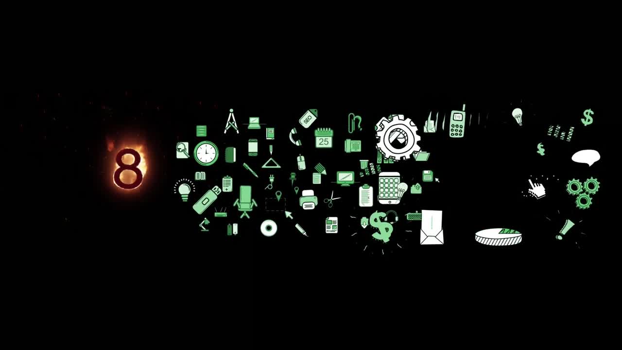 número ocho en el icono de fuego y múltiples iconos de concepto de negocio contra un fondo negro