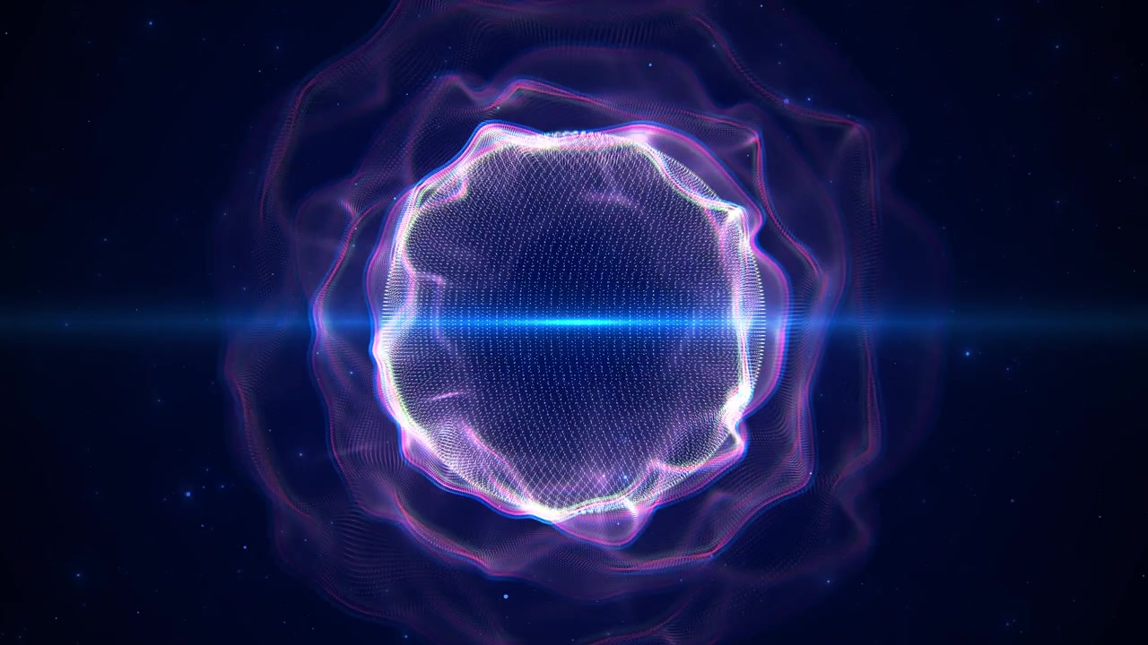 Vibrant particle waves pulse luminous circular mesh modern audio visualization against deep space