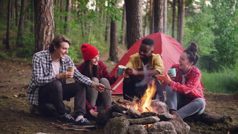 friends enjoying a campfire in the forest