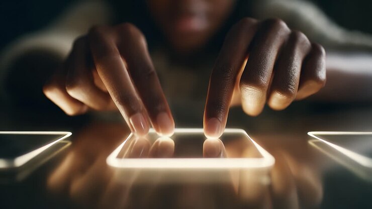 Focus e precisione nell'interazione touchscreen: uno sguardo da vicino alle dita che navigano in un'interfaccia digitale, mettendo in evidenza il coinvolgimento dell'utente con la tecnologia