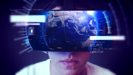 un joven guapo que usa auriculares vr y experimenta la realidad virtual.
