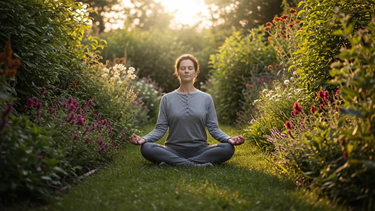 A Serene Moment of Meditation in a Lush Garden Surrounded by Colorful Flowers Under a Soft Morning Glow