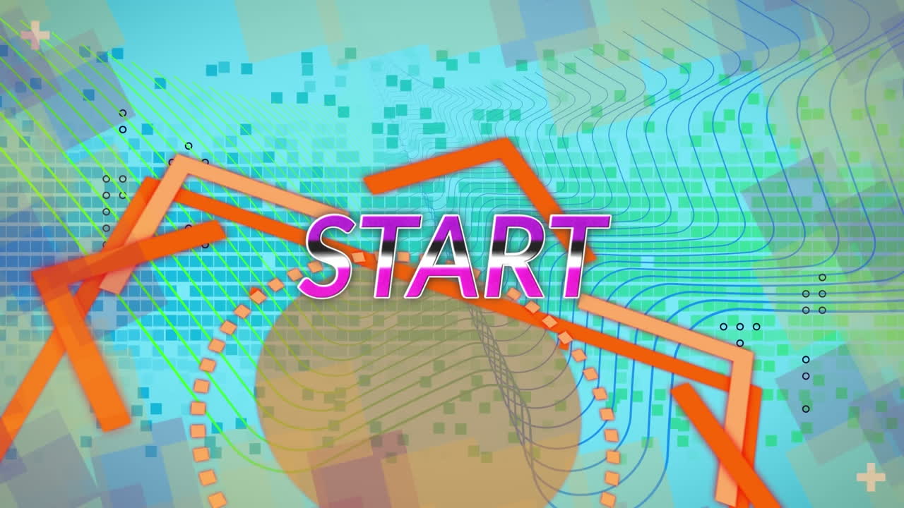 animación del banner de texto de inicio sobre formas abstractas, ondas digitales y cuadrados de mosaico.