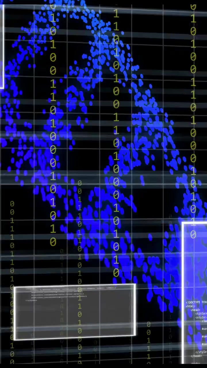 Vertical video: On data pulse blue points forming arch, code UI sliding, binary columns mapping