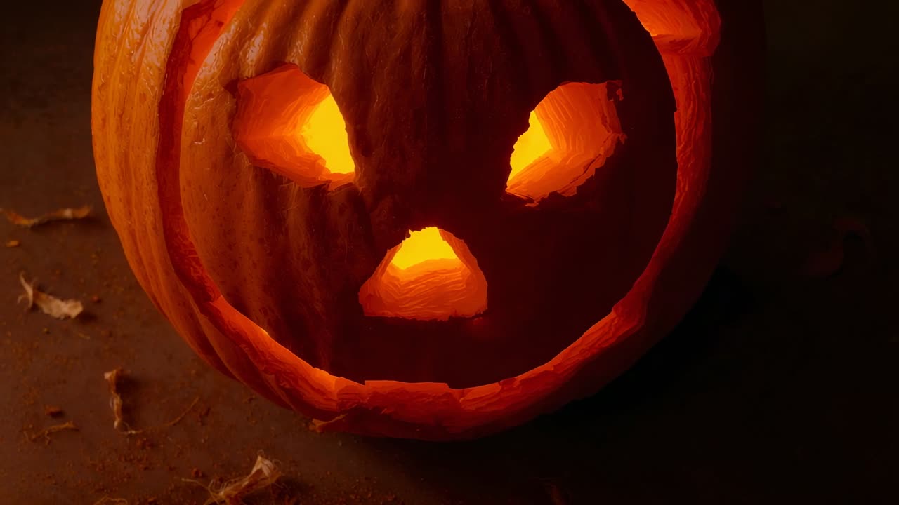 Flickering candle flame illuminating carved pumpkin on dark tabletop, enhancing Halloween ambiance