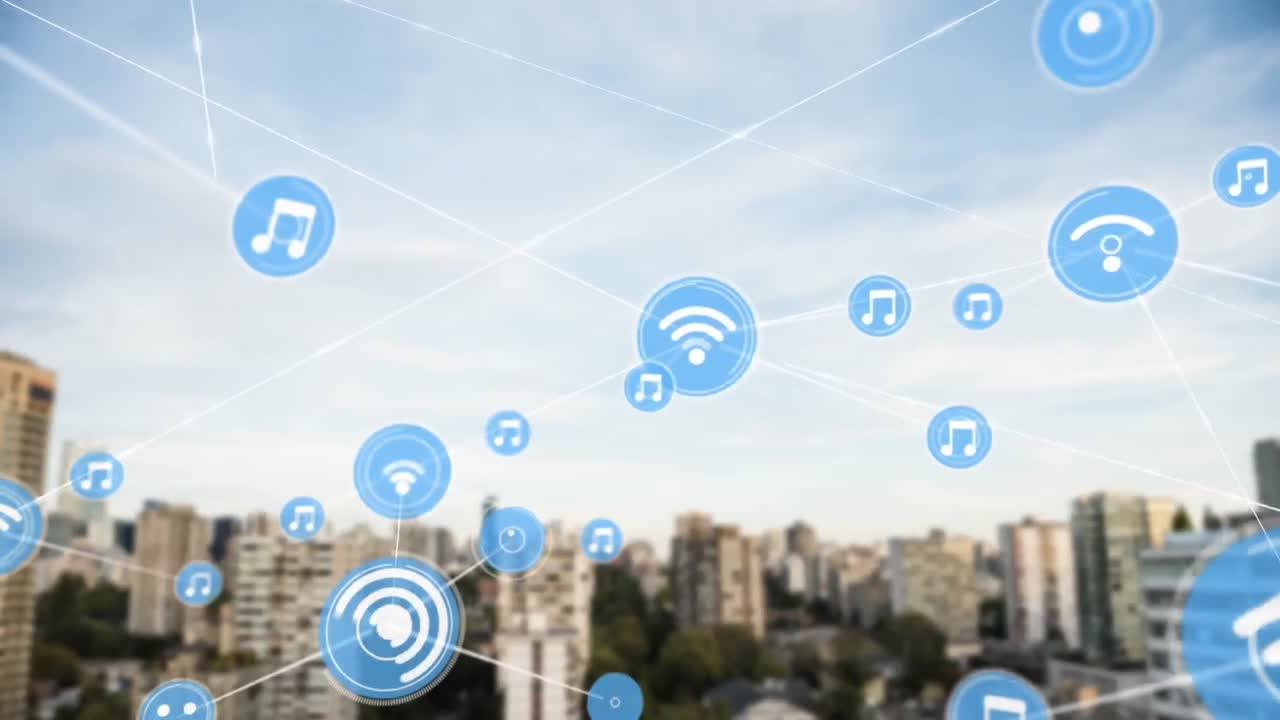 animación de la red de conexiones con iconos sobre el paisaje urbano