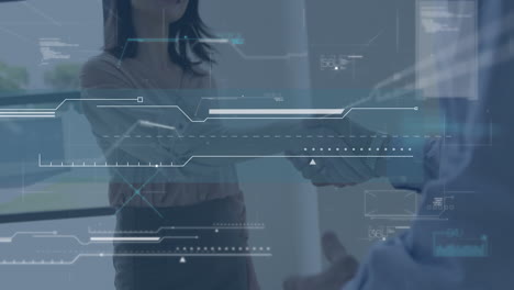 la interfaz digital y el apretón de manos simbolizan la asociación comercial impulsada por la tecnología.