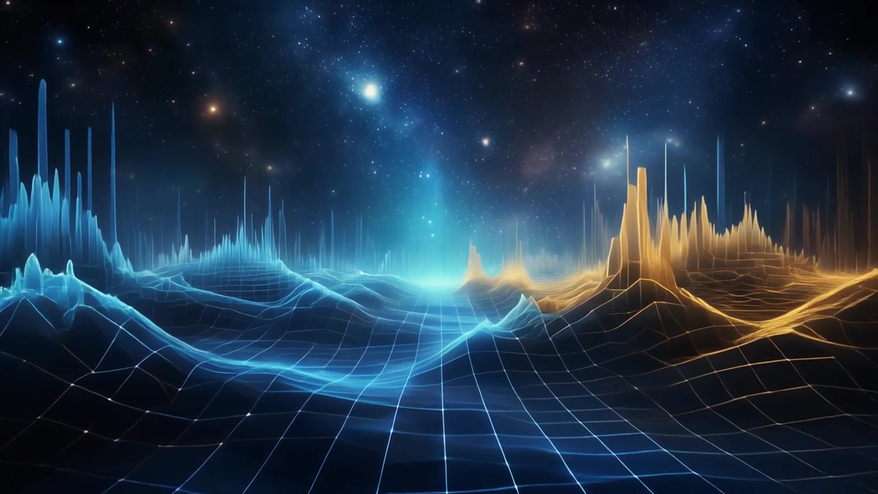Abstract Digital Landscape with Glowing Blue and Gold Data Waves