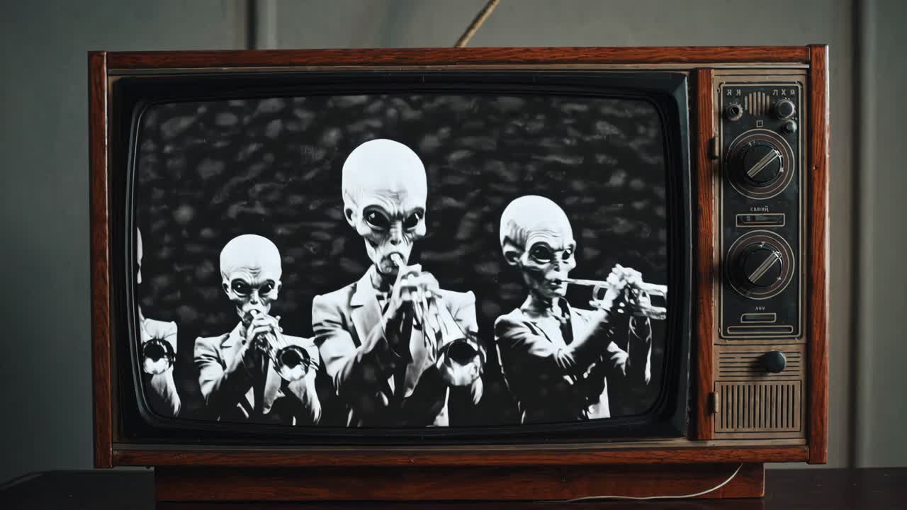 외계 음악가들을 보여주는 빈티지 tv
