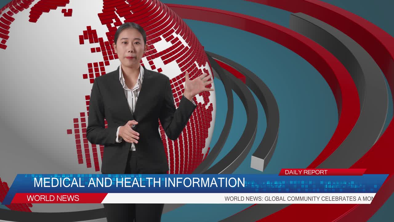 Estudio de noticias en vivo con presentadora profesional asiática señalando a un lado mientras informa sobre los acontecimientos del día