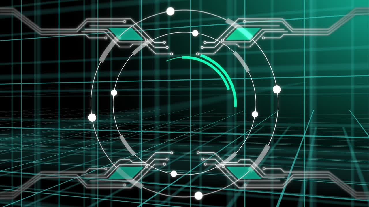 Animation of circular scanner and motherboard circuits processing data over grid on black background