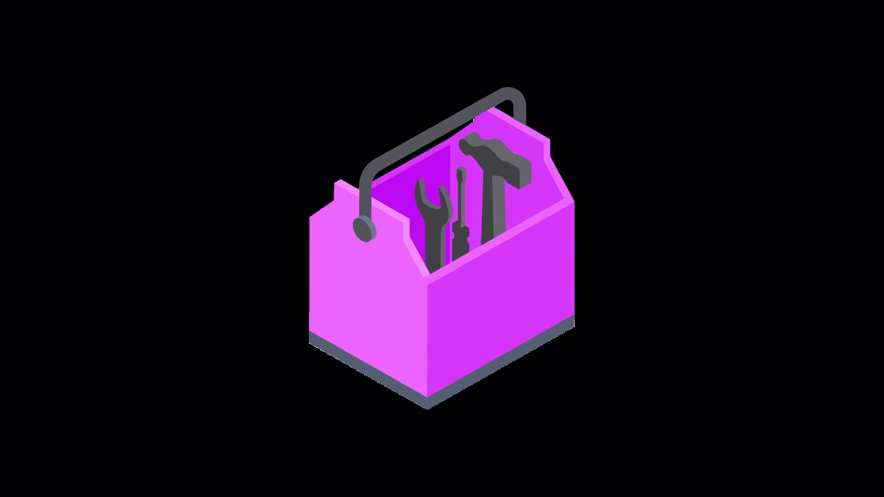 Animated Isometric Purple Toolbox with Tools Appearing