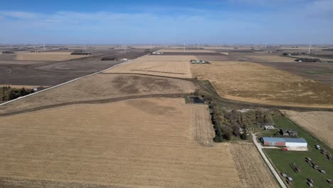 aerial drone footage brown, dry, corn fields, farmland and sustainable windmills, under blue skies rural, midwestern iowa