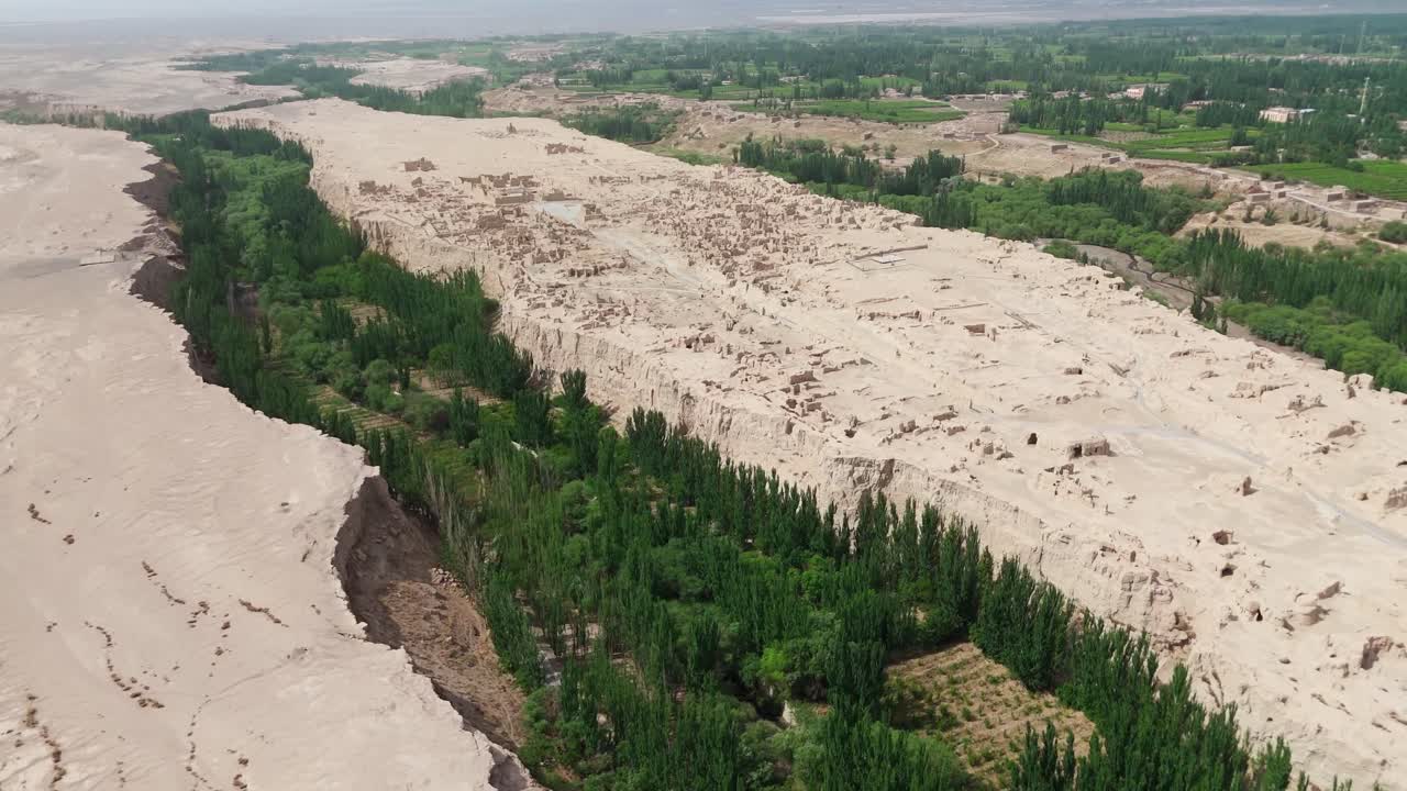 Aerial drone fly at Chinese plateau landscape, Turpan Jiaohe Ruins, natural environment of China