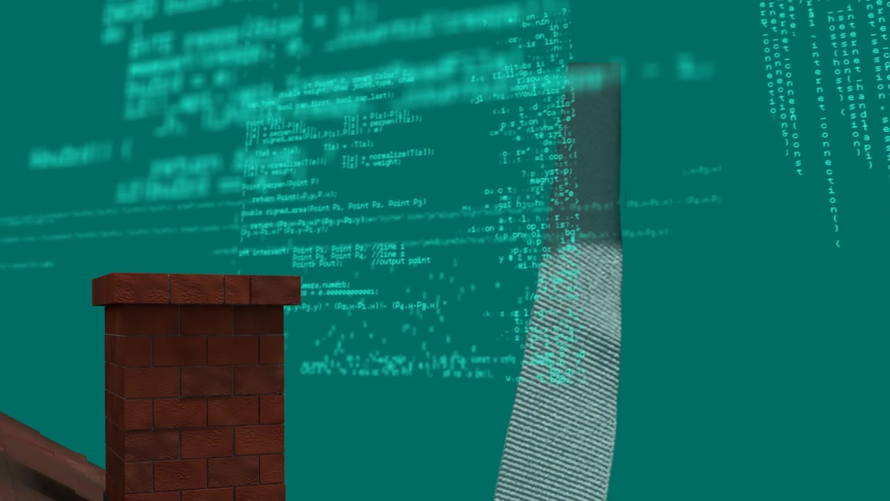 Incoming pulse starting green code layers sliding across tapered tower, showing rooftop data flow