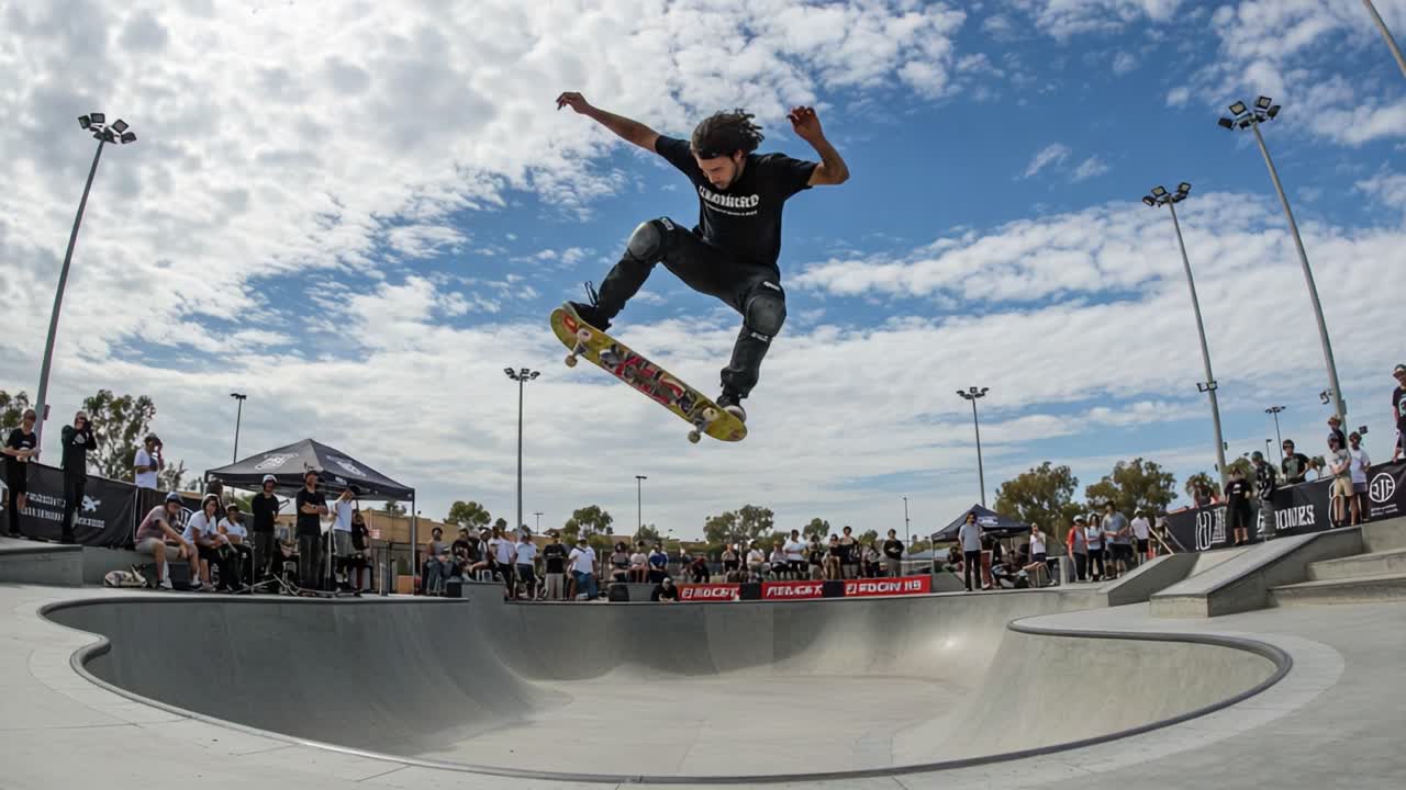 Thrilling Skateboarding Action: A Skater Performs an Impressive Trick Over a Skate Park Bowl, Capturing Spectators' Attention and Showcasing Skill and Style
