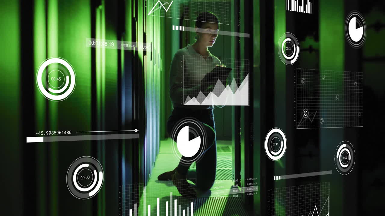 animación de procesamiento de datos sobre una trabajadora caucásica usando una tableta en la sala de servidores