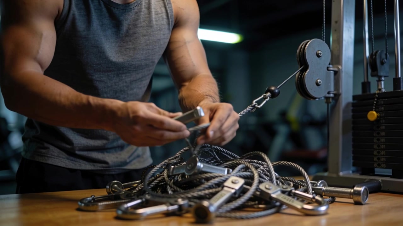 Sifting handles on gym table, man in grey tank clipping V-bar to machine, preparing for workout