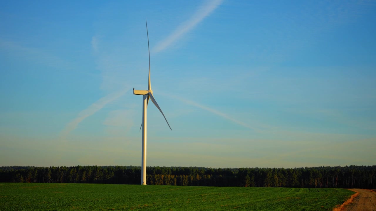 Turbina eolica su campo verde sotto un cielo blu con scie chimiche e foresta.