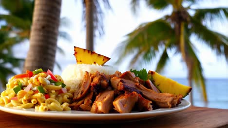 grilled pork plate with pineapple, rice and macaroni salad on tropical beach