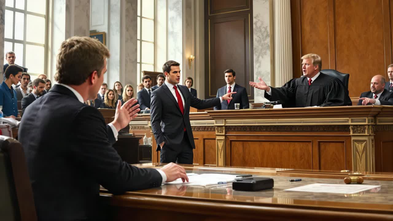Young man dressed in a suit stands confidently in a courtroom, presenting evidence to the judge and jury, surrounded by attentive spectators, highlighting the legal process and courtroom dynamics