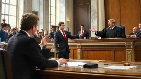 young man dressed in a suit stands confidently in a courtroom, presenting evidence to the judge and jury, surrounded by attentive spectators, highlighting the legal process and courtroom dynamics