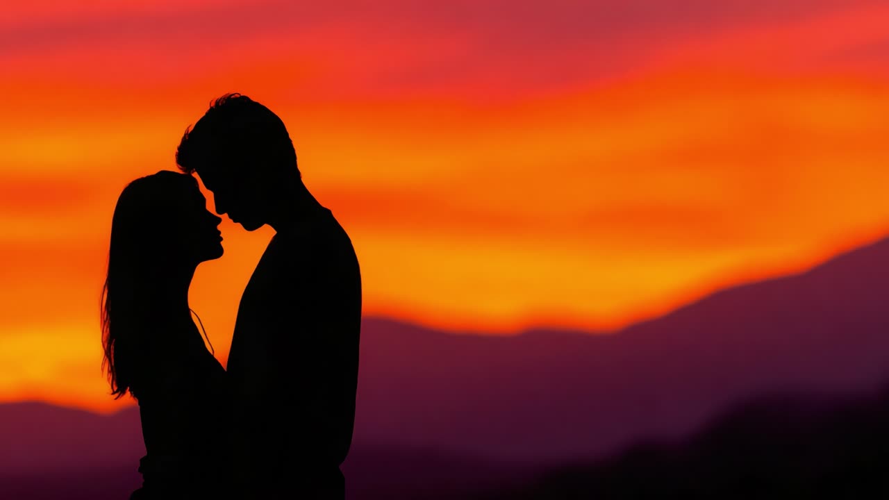 Romantic Silhouette Against a Colorful Sunset: A Couple in Love Embraced Amidst a Stunning Vibrant Sky Filled with Warm Hues and Emotions