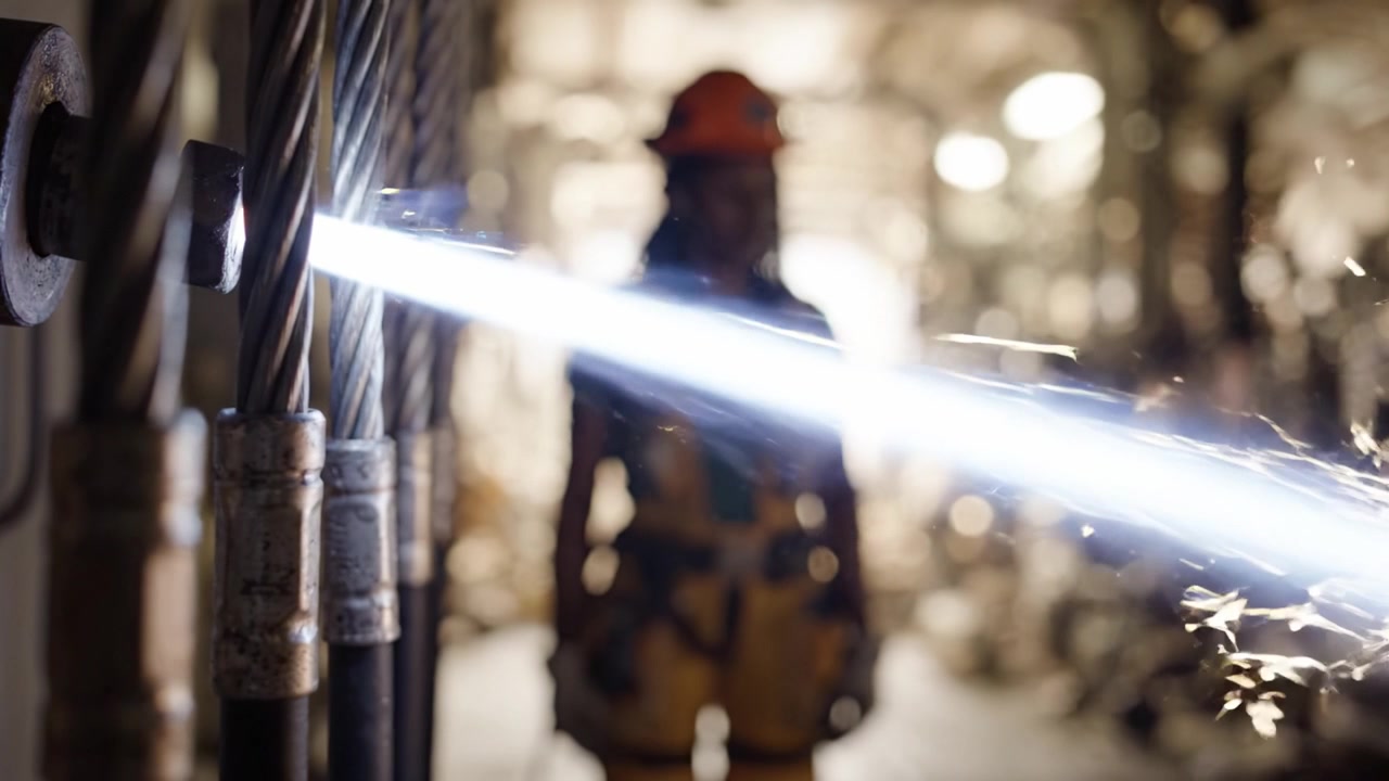 A worker in a helmet stands in a dimly lit area, with a powerful beam of light illuminating the surroundings, showcasing the industrial environment and equipment.
