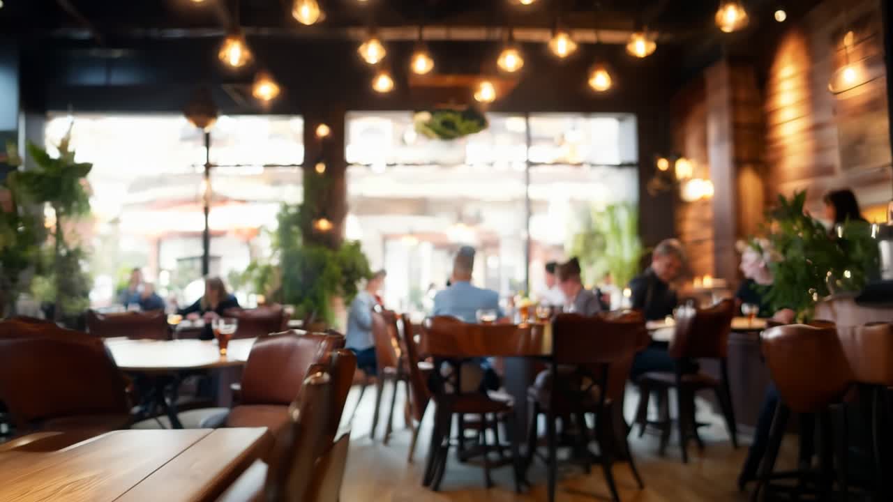 un restaurante con mesas y sillas de madera frente a una ventana