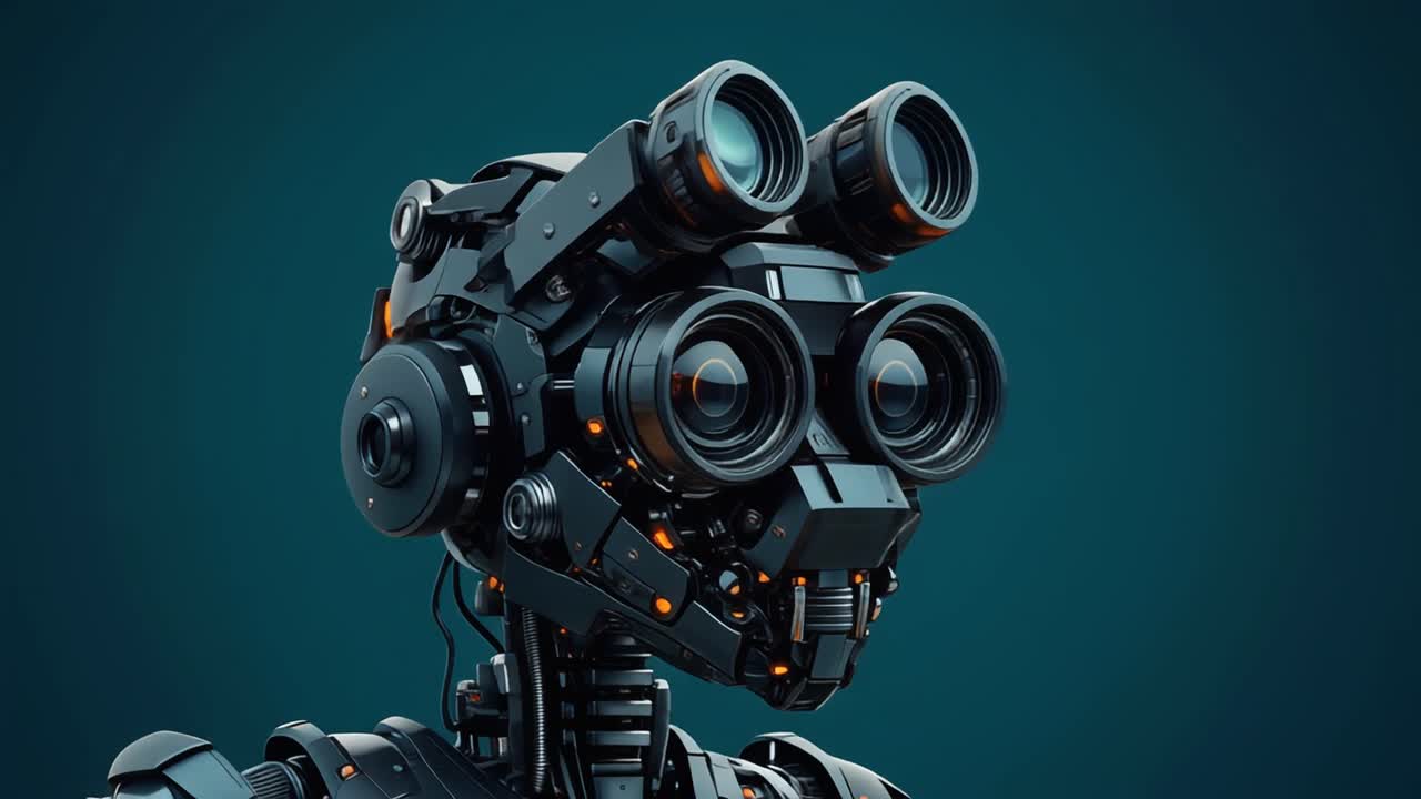 Parlayan Gözlü ve Uzayan Optiklere Sahip Fütüristik Robot Kafa