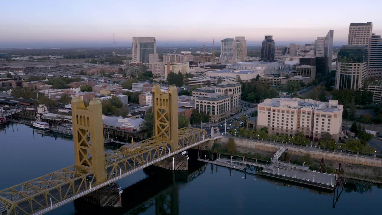 Aerial view of Sacramento skyline and Tower Bridge at dusk