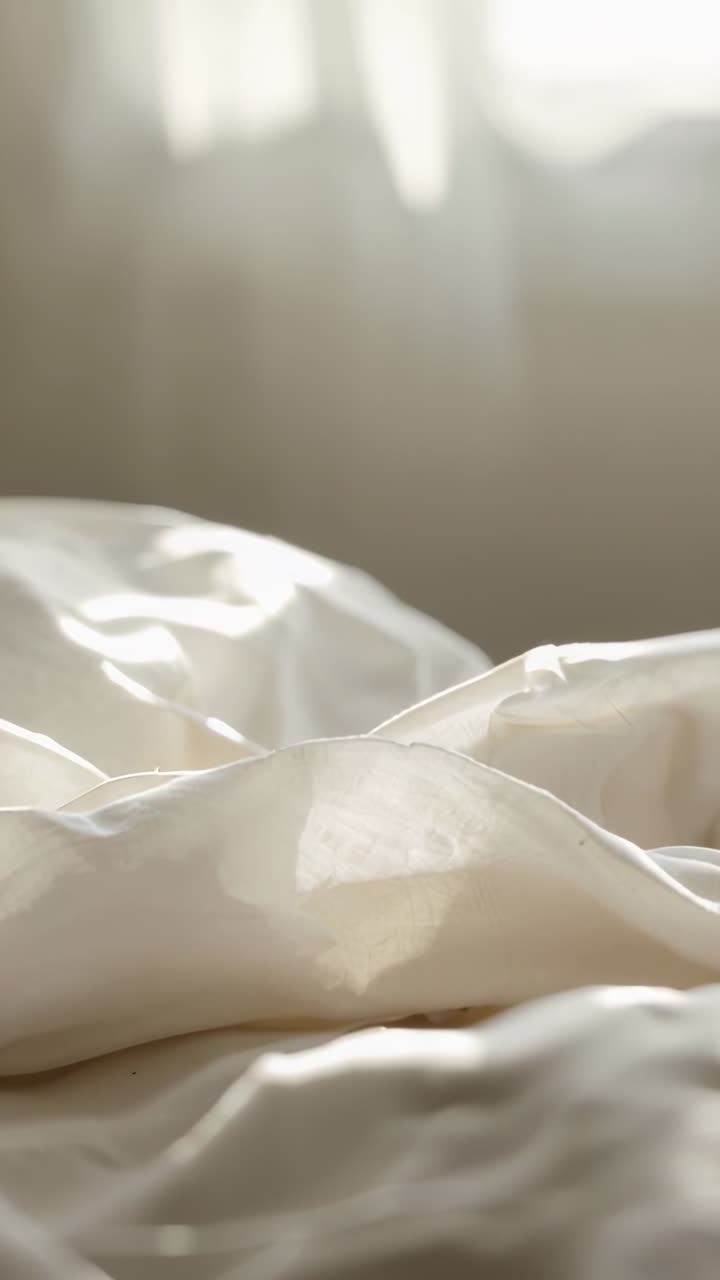 Vídeo vertical: edredón blanco ondeando sobre la cama junto a la ventana por la brisa, visillos, luz suave