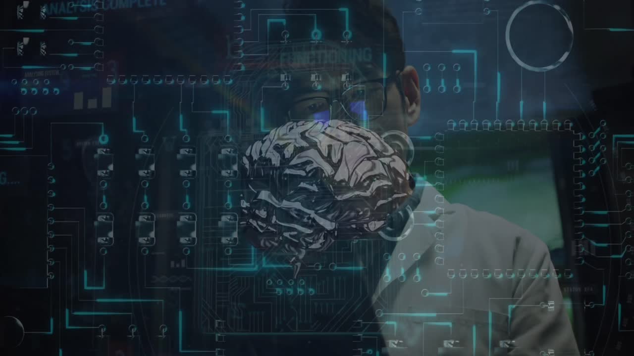 Animation of computer circuit board and digital brain over asian man in server room