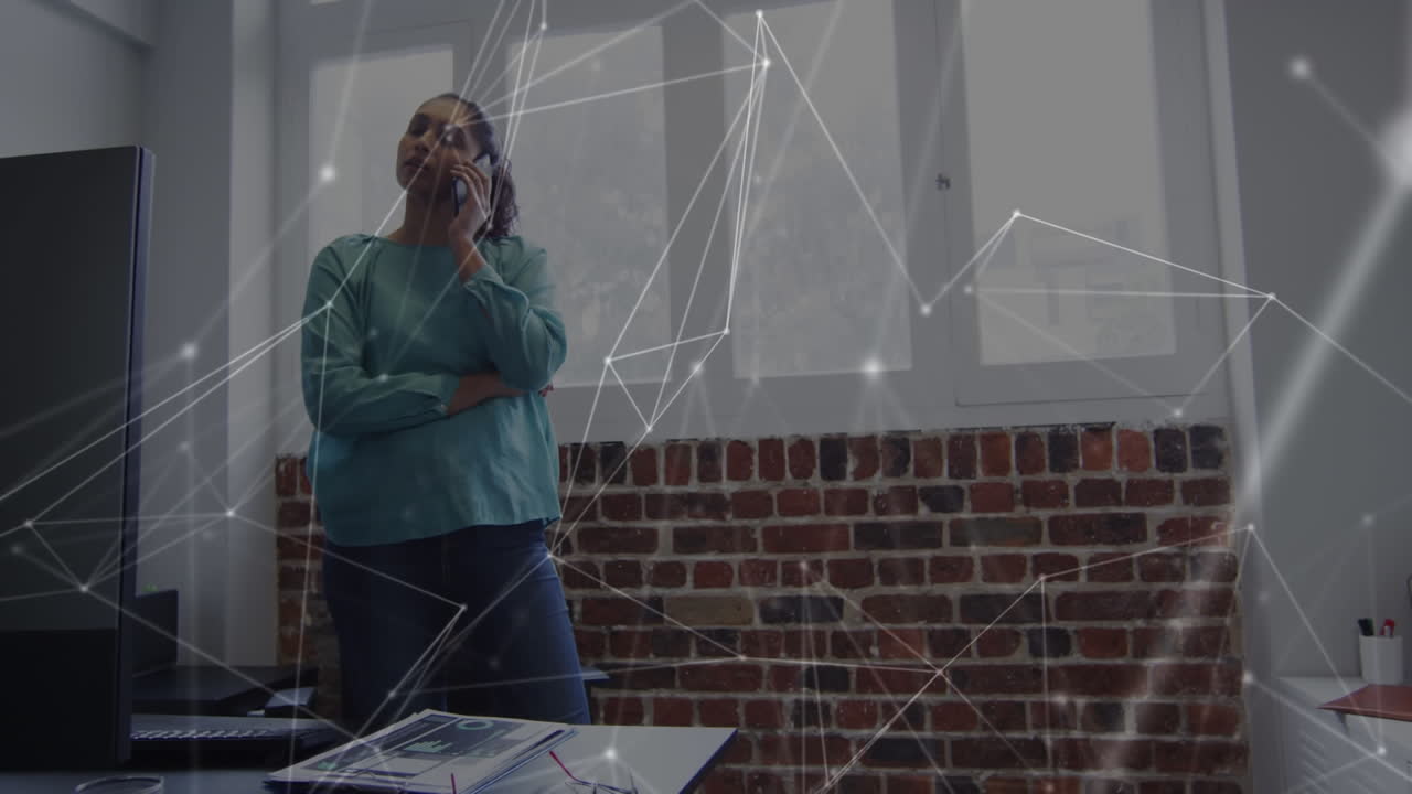 Animation of network of connections over woman in office