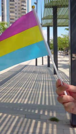 pansexual pride flag waving in urban setting