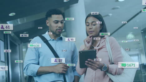 animation of changing numbers, icon in notification bars, diverse coworkers discussing reports